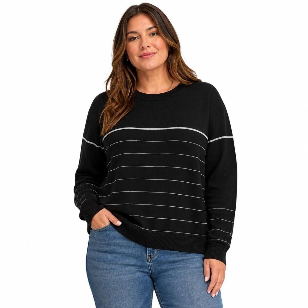 Tahari Sweater Womens XL Black Stripe Crew Neck Long Sleeve Knit Pullover